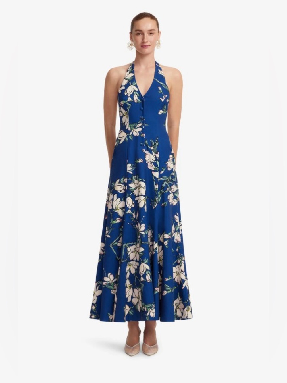 LEO LIN	 Juliette Blue Magnolia Floral Print Halter Backless Maxi Dress AU8/US4